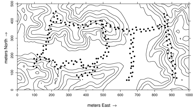 Fig. 1. Topographical map of the 50-ha Yasuní Forest Dynamics Plot. Black dots mark the location of seed traps, around each is three seedling plots. From Metz et al.&nbsp;(2010).