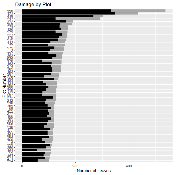 Fig. 3. Variation in plot-level herbivory. Black bars represent leaves that have sustained herbivore damage and grey bars represent leaves without damage. Only plots with &gt;100 leaves are shown.