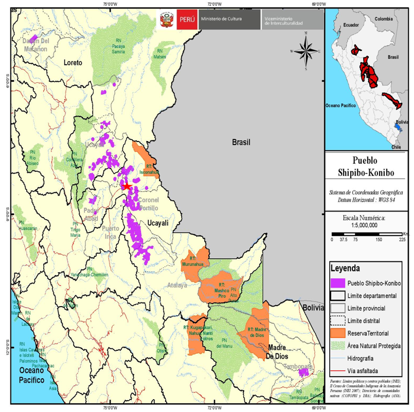 Fig. 1. Map of Shipibo communities. Purple dots mark all Shipibo communities. The seven Shipibo communities included in this research are all located along the Ucayali river, north and south of Pucallpa, the regional capital, which is indicated with a star on the map. Map sourced from the Economic Plan of the Shipibo-Konibo Counsel (Ramírez, Erquino, and Orsi 2018).