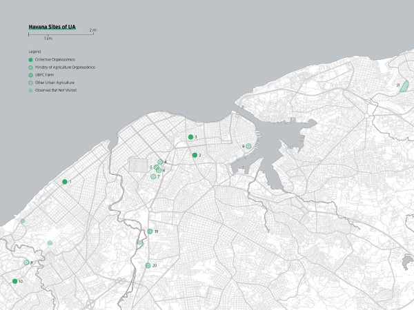 Fig. 1. Map of Havana indicating visited and observes sites of urban agriculture.