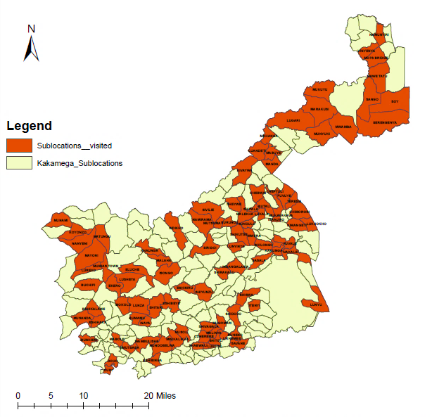 Figure 1. Map of sampled locations in Kakamega County, Kenya.