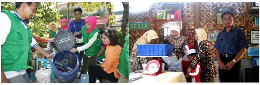 Fig. 1. Key visuals disseminated as part of Unilever Peduli and ASEAN ESC’s tale of waste bank expansion.  Cadres of women demonstrate how to collect compost as part of UPF’s Green and Clean Program in Surabaya (Ramdhani et al, 2010).  Bambang Suwerda, recognized by the Ministry of Environment and ASEAN as the founder of Indonesia’s first waste bank, inside the Gemah Ripah Waste Bank in the district of Bantul, Yogyakarta (Maeda et al, 2011).
