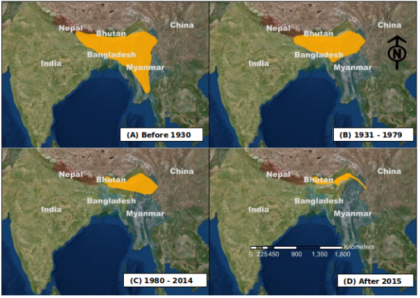 Fig. 1. Change in the distribution (orange) of White-bellied Heron over the century and current global distribution.