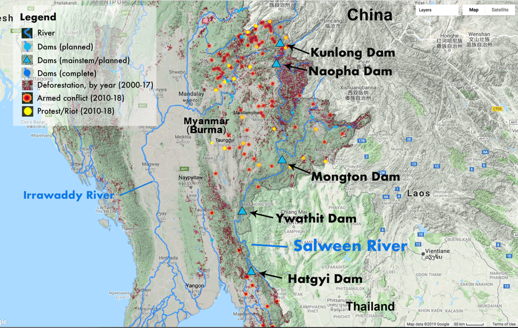 Fig. 2. Map of Salween Basin, Myanmar/Burma. Map of Salween River across Myanmar/Burma, with information obtained from the following sources: conflicts (ACLED), dams (IFC), deforestation (Hansen), rivers (MIMU). Credit: N. Lo &amp; T. Huang, Yale University, 2019.
