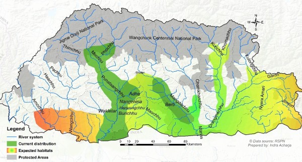 Fig. 2. The White-bellied Heron current distribution and expected habitat range in Bhutan.