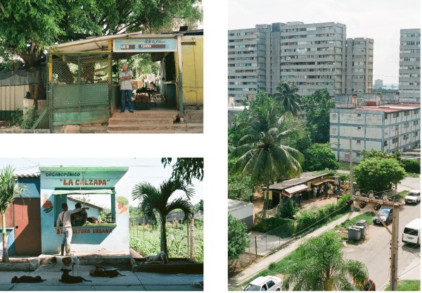 Fig. 3. Market at 24 de Febrero, Havana, Cuba (top left); Market at La Calzada, Cienfuegos, Cuba (bottom left); Market and housing at La Sazon, Havana, Cuba (*right)