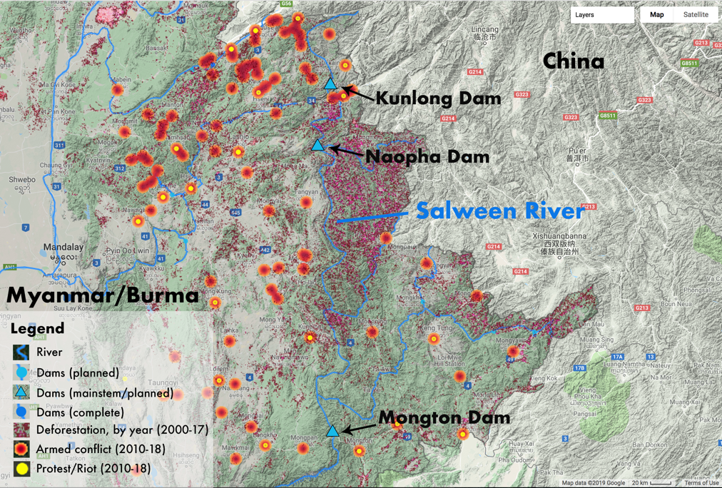 Fig. 3. Map of Salween Basin (Upper), Myanmar/Burma. Map of Salween River in Shan State. Credit: N. Lo &amp; T. Huang, Yale University, 2019.