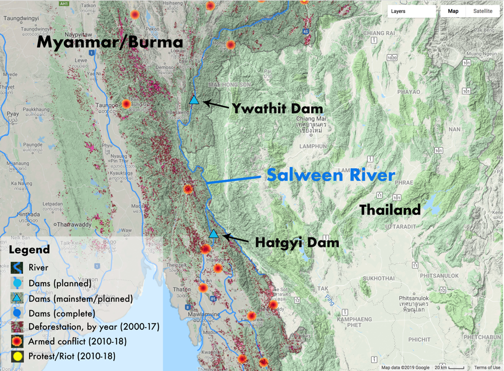 Figure 4. Map of Salween Basin (Lower), Myanmar/Burma. Map of Salween River in Karenni/Kayah State and Karen/Kayin State. Credit: N. Lo &amp; T. Huang, Yale University, 2019.