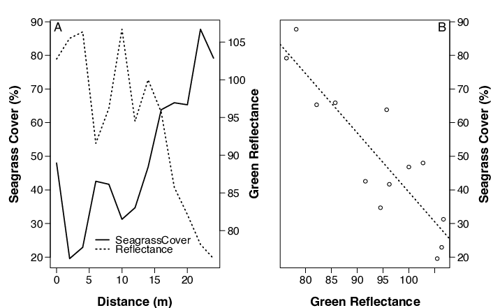 Fig. 5. A) Patterns in seagrass coverage and satellite reflectance in the green band along the same transect extending from the reef edge. B) Reflectance was negatively correlated with seagrass coverage (linear regression, R2 = 0.78, p &lt; 0.001).