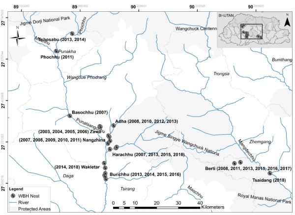 Fig. 6 The White-bellied Heron nests distribution and year of successful breeding in each nest from 2003–2018 in Bhutan. Each bird icon on the map represents a nest and the year in which the particular nest was used.